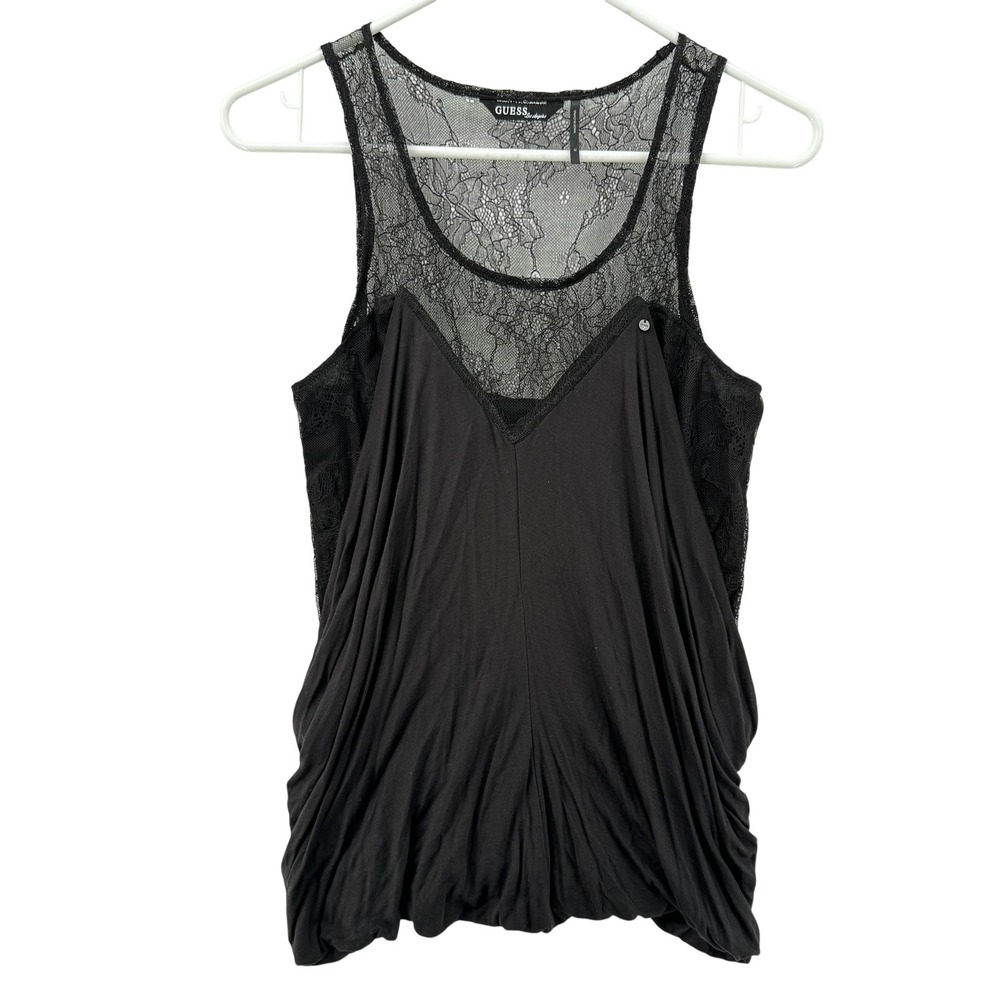 Guess by Sequin Top Womens Medium Black Lace Draped Sleeveless Tank Shirt NWT
